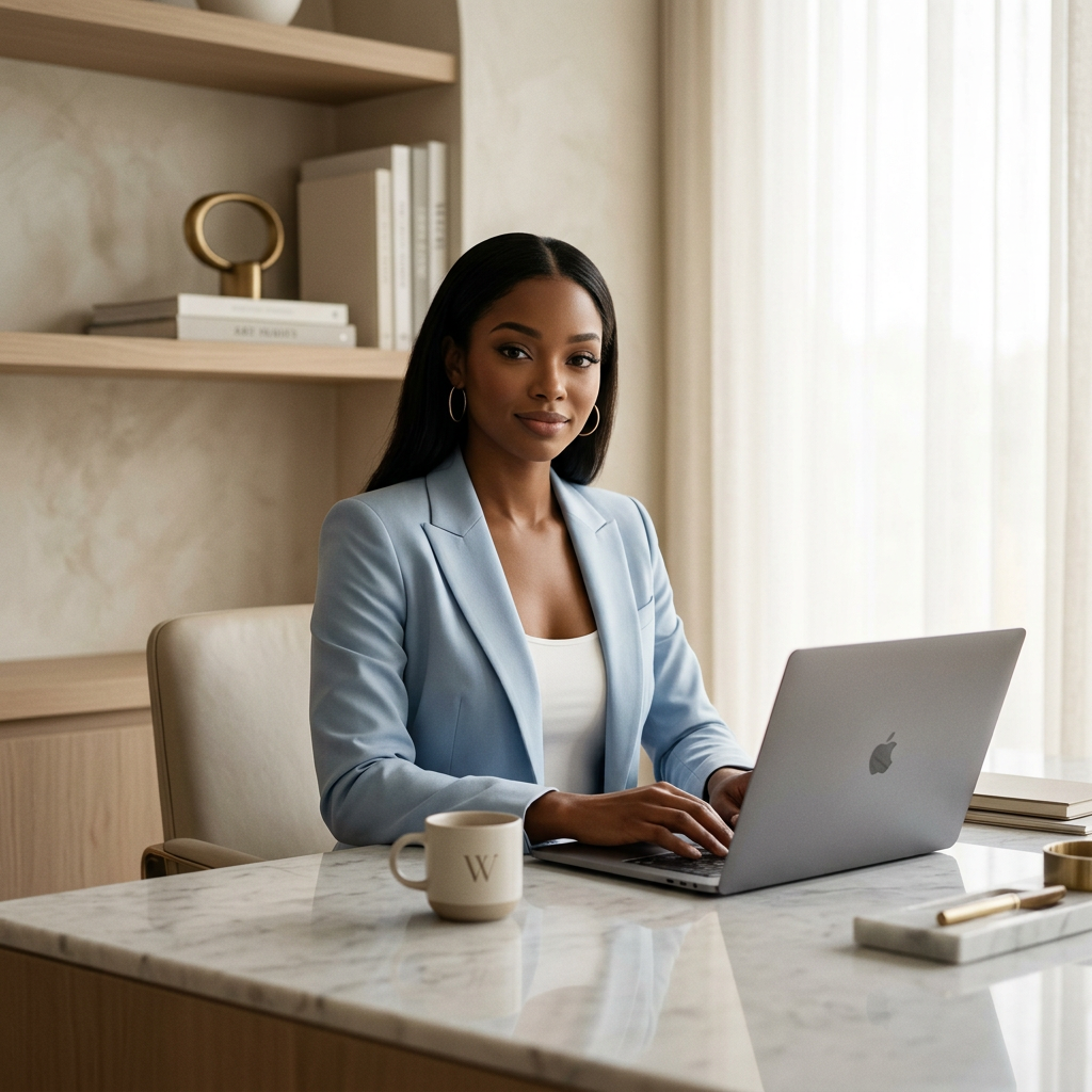 Wendy, your AI wealth coach, working calmly at her desk